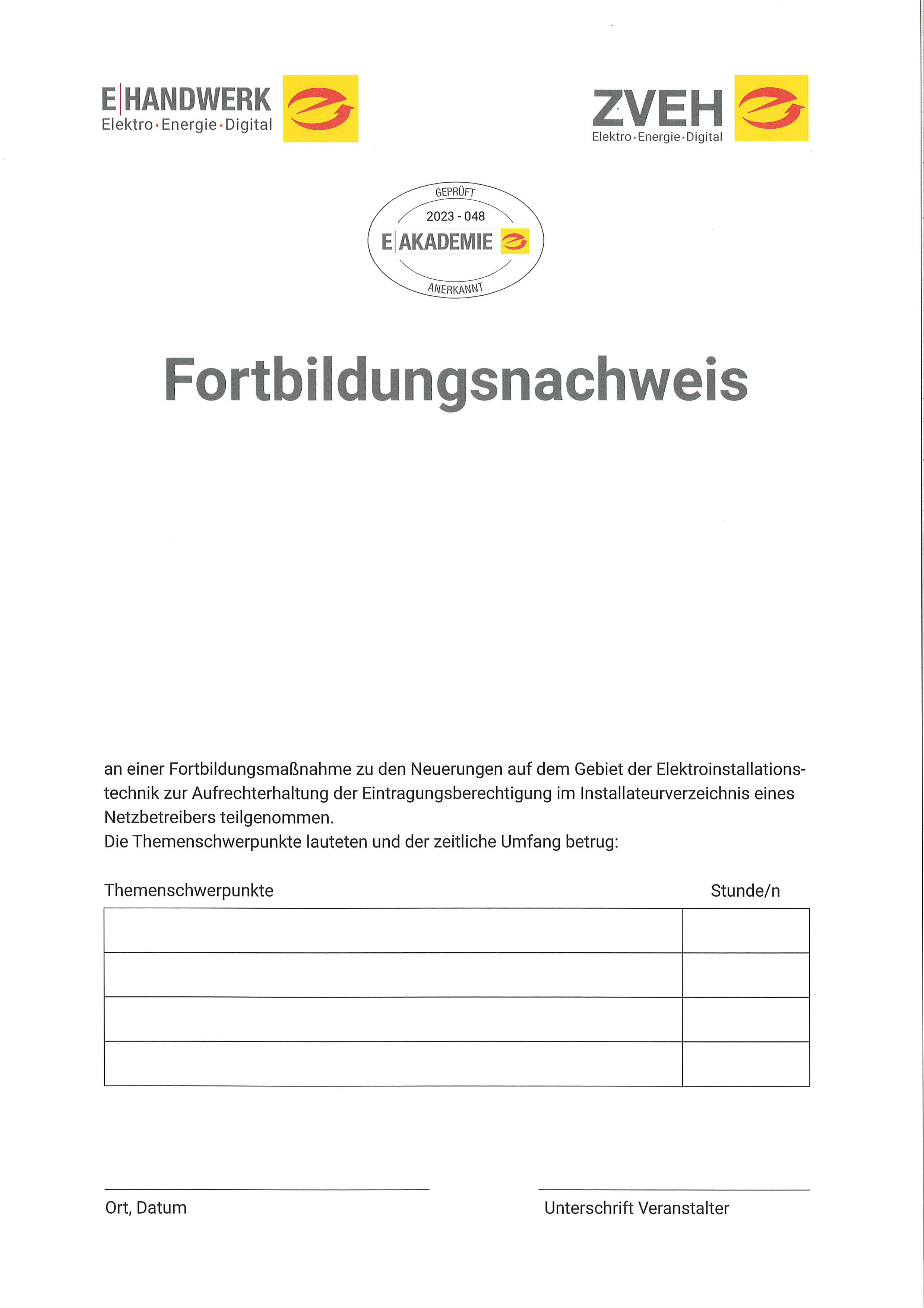 Zertifikat - Fortbildungsnachweis zur Eintragungsverlängerung in das Installateurverzeichnis